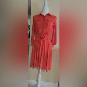 95.Collared Shirt Dress with Belt Wear to Work Orange